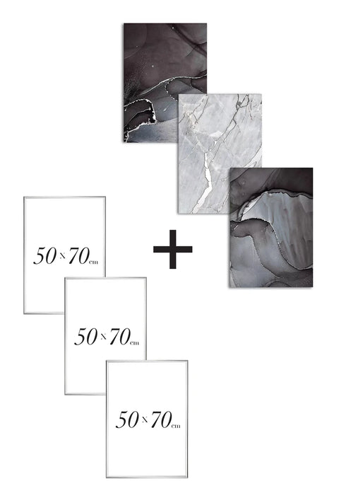 Set Of 3 Posters Grey Marble Real Silver + 3 Silver Metallic Frames 50x70cm