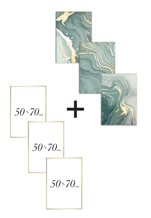 Set Of 3 Posters Mint Marble Real Gold + 3 Gold Metallic Frames 50x70cm