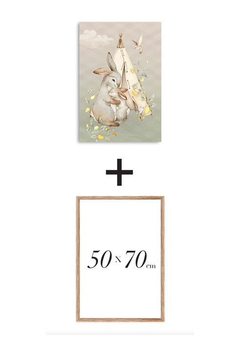 Poster Forest Bunnies Real Gold + Natural Oak Frame 50x70cm
