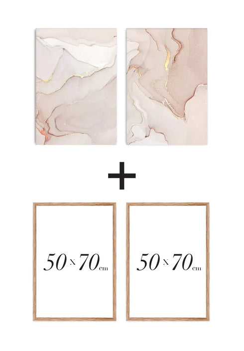 Set Of 2 Posters Light Coral Real Rose Gold + 2 Natural Oak Frames 50x70cm