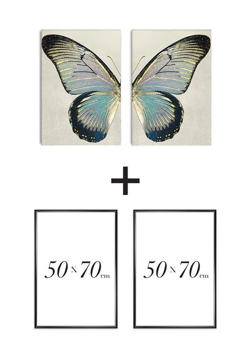 Set Of 2 Posters Turquoise Butterfly Real Gold + 2 Black Metallic Frames 50x70cm