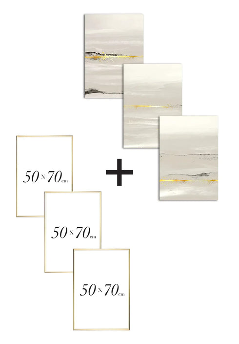 Set Of 3 Posters Beige Landscape Real Gold + 3 Gold Metallic Frames 50x70cm