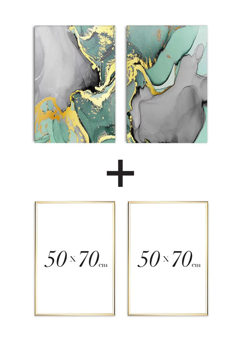 Set Of 2 Posters Turquoise Watercolor Real Gold + 2 Gold Metallic Frames 50x70cm