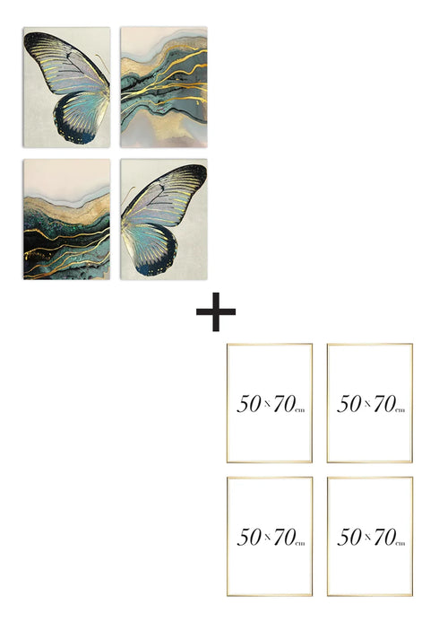 Set Of 4 Posters Turquoise Paint Stroke Real Gold + 4 Gold Metallic Frames 50x70cm