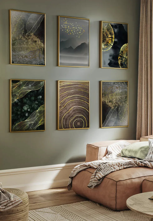Set Of 6 Posters Moody Leaves Real Gold + 6 Gold Metallic Frames 50x70cm