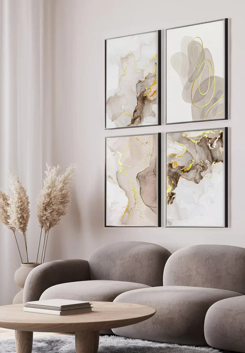 Set Of 4 Posters Beige Brown Paint Real Gold + 4 Metallic Black Frames 50x70cm