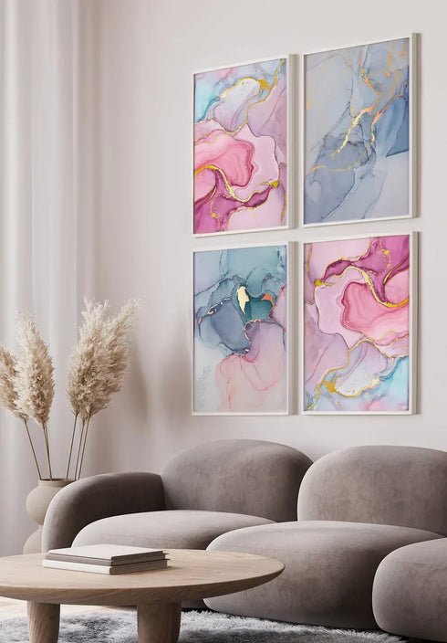 Set Of 4 Posters Watercolor Pink Pastel Real Gold + 4 Metallic White Frames 50x70cm