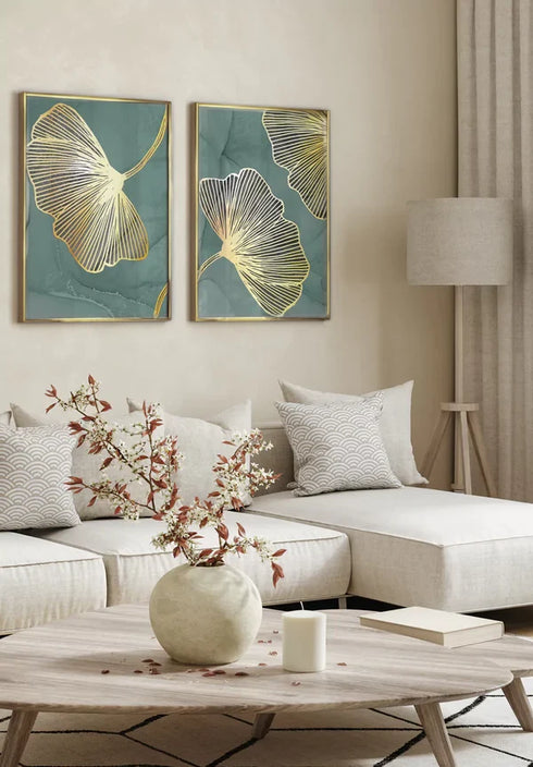 Set Of 2 Posters Mint Ginko Real Gold + 2 Gold Metallic Frames 50x70cm