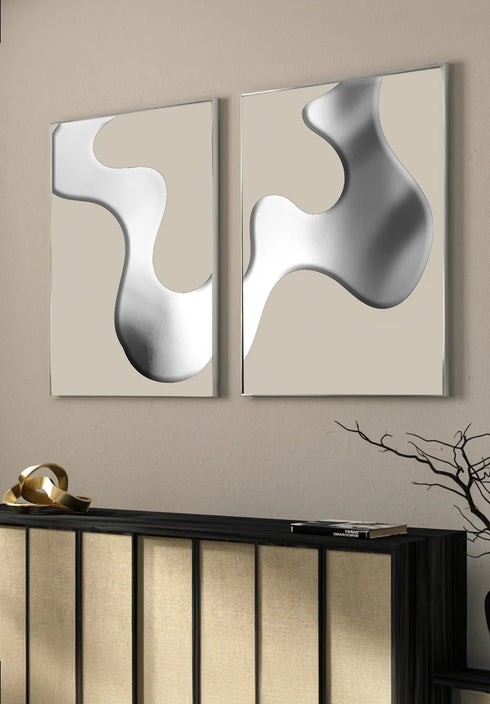 Set Of 2 Posters Taupe Swirl Silver + 2 Silver Metallic Frames 50x70cm