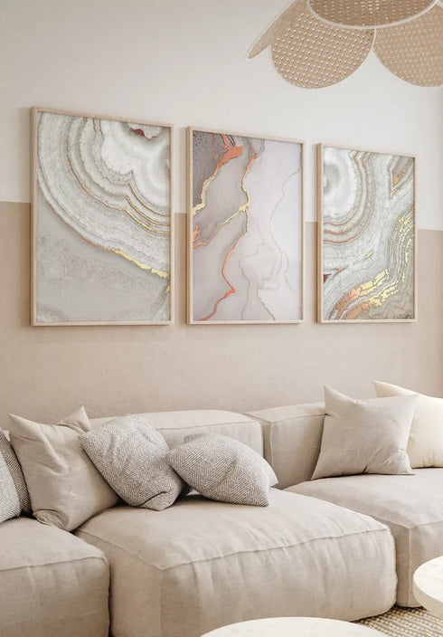 Set Of 3 Posters Brown Agate Real Rose Gold + 3 Natural Oak Frames 50x70cm