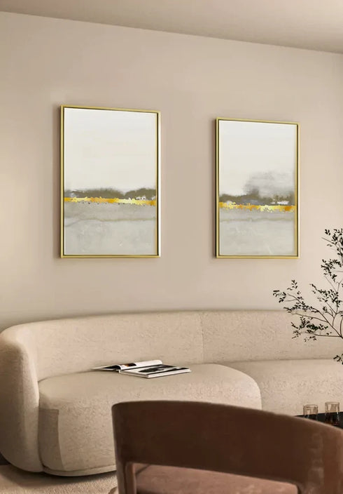 Set Of 2 Posters Creme Abstract Line Real Gold + 2 Gold Metallic Frames 50x70cm