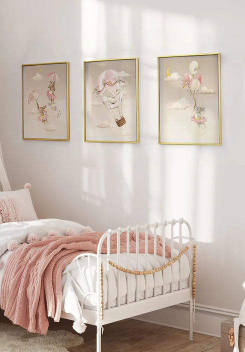 Set Of 3 Posters Air Balloon Real Gold + 3 Gold Metallic Frames 50x70cm