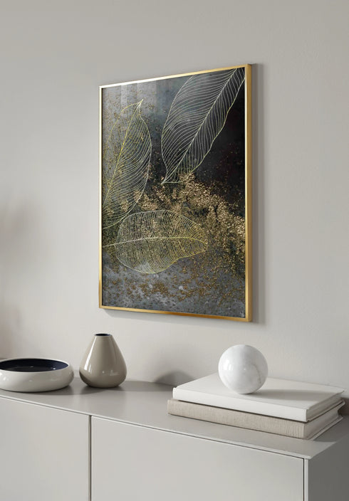 Poster Moody Leaves Real Gold + Gold Metallic Frame 50x70cm