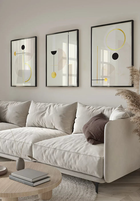Set Of 3 Posters Creme Geometric Art Real Gold + 3 Black Metallic Frames 50x70cm