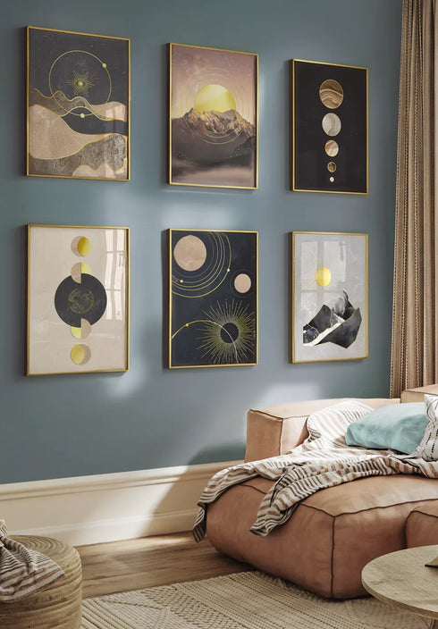 Set Of 6 Posters Space Abstract Real Gold + 6 Gold Metallic Frames 50x70cm