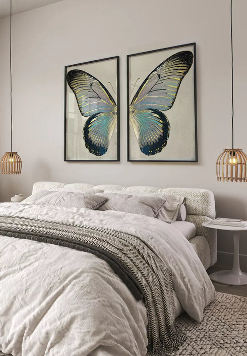 Set Of 2 Posters Turquoise Butterfly Real Gold + 2 Black Metallic Frames 50x70cm