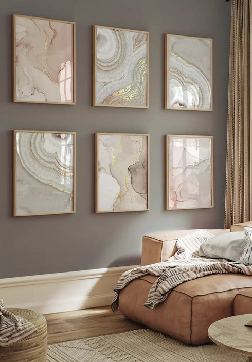 Set Of 6 Posters Light Coral + 6 Natural Oak Frames 50x70cm