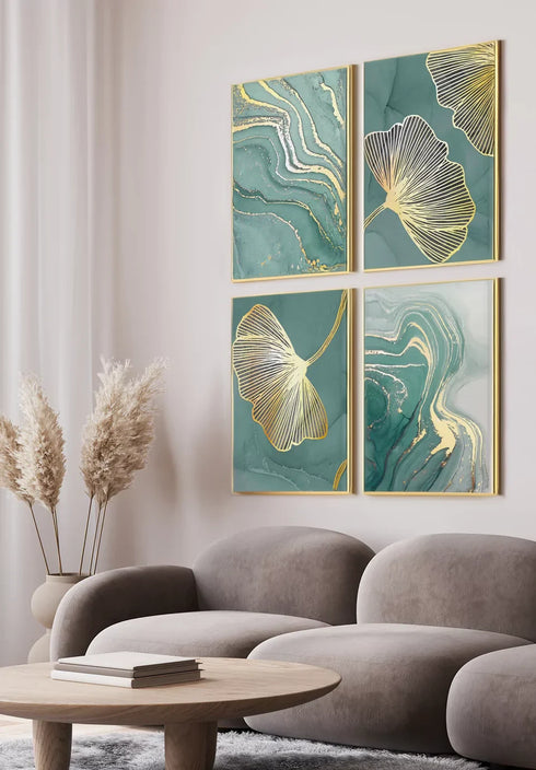 Set Of 4 Posters Mint Marble Real Gold + 4 Gold Metallic Frames 50x70cm
