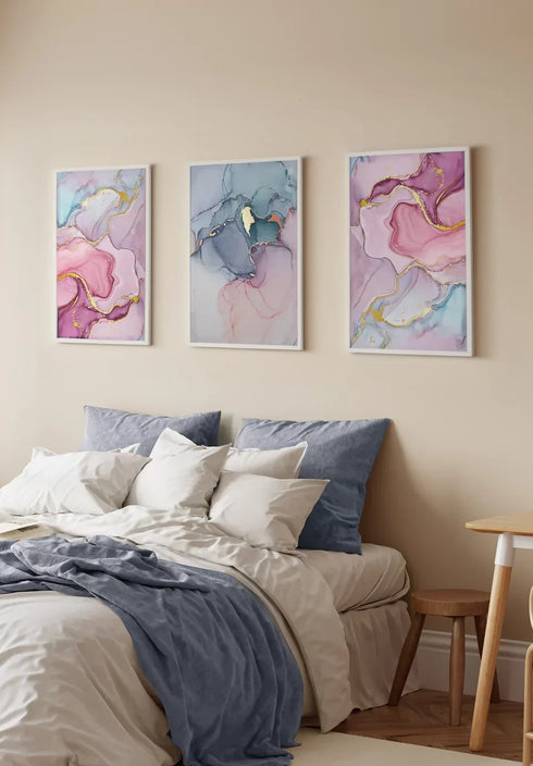Set Of 3 Posters Watercolor Pink Pastel Real Gold + 3 White Metallic Frames 50x70cm