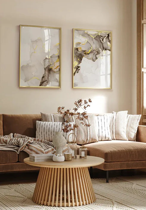 Set Of 2 Posters Beige Brown Paint Real Gold + 2 Gold Metallic Frames 50x70cm