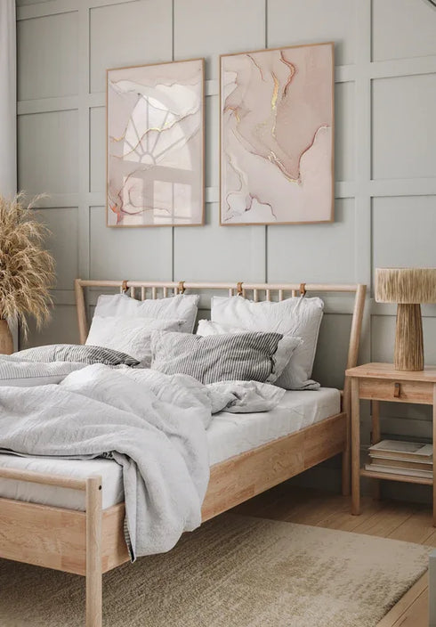 Set Of 2 Posters Light Coral Real Rose Gold + 2 Natural Oak Frames 50x70cm