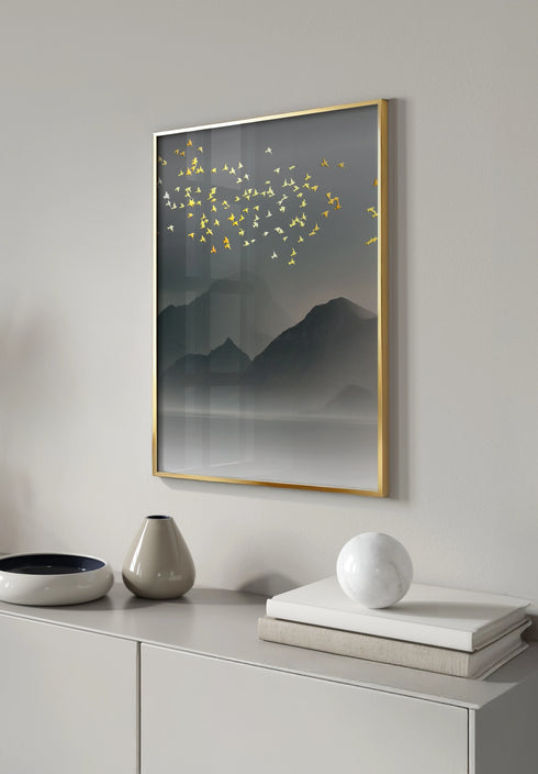 Poster Mountain Birds Real Gold + Gold Metallic Frame 50x70cm