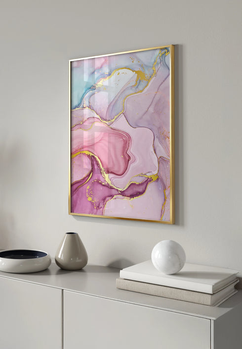 Poster Watercolor Pink Pastel Real Gold + Gold Metallic Frame 50x70cm