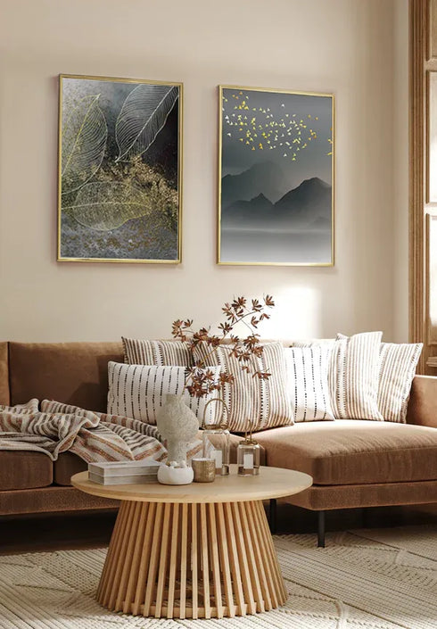 Set Of 2 Posters Moody Leaves Real Gold + 2 Gold Metallic Frames 50x70cm