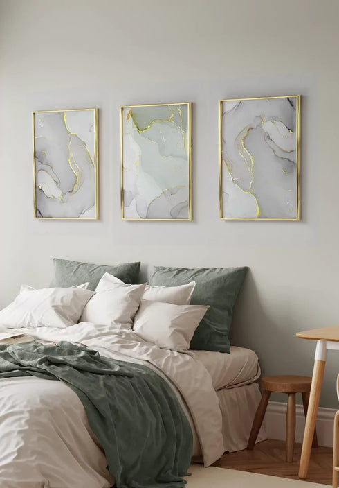 Set Of 3 Posters Grey Pistachio Real Gold + 3 Gold Metallic Frames 50x70cm