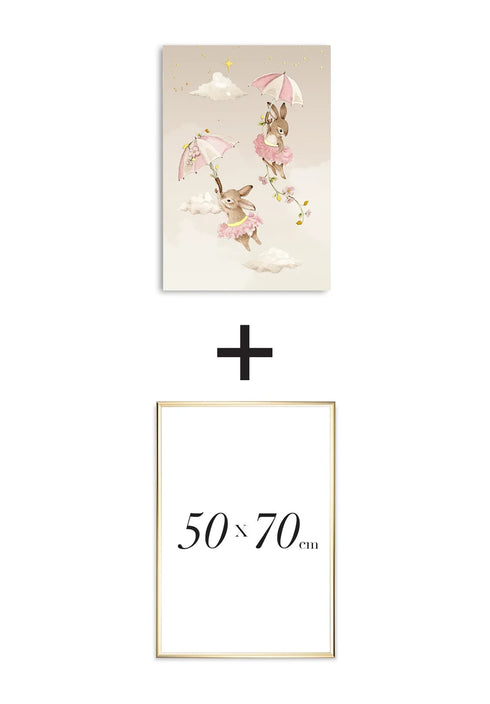 Poster Flying Bunnies Real Gold + Gold Metallic Frame 50x70cm