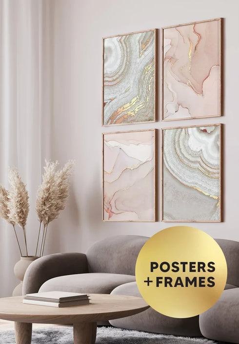 Set Of 4 Posters Brown Agate Real Rose Gold + 4 Natural Oak Frames 50x70cm