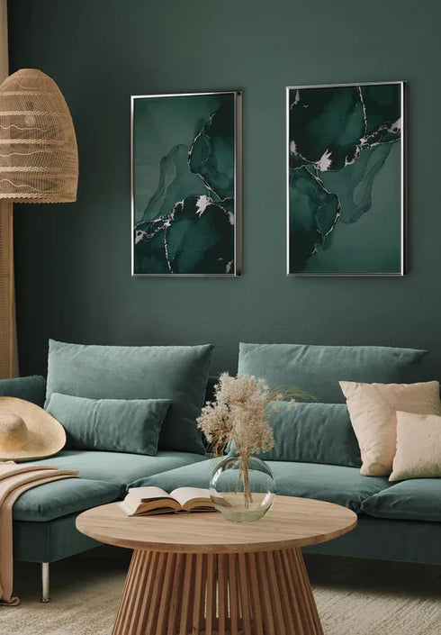 Set Of 2 Posters Green Marble Real Silver + 2 Silver Metallic Frames 50x70cm