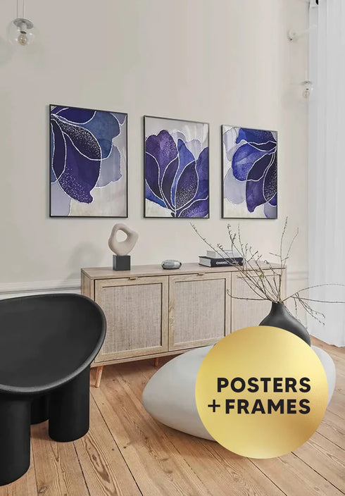 Set Of 3 Posters Navy Lotus Real Silver + 3 Black Metallic Frames 50x70cm