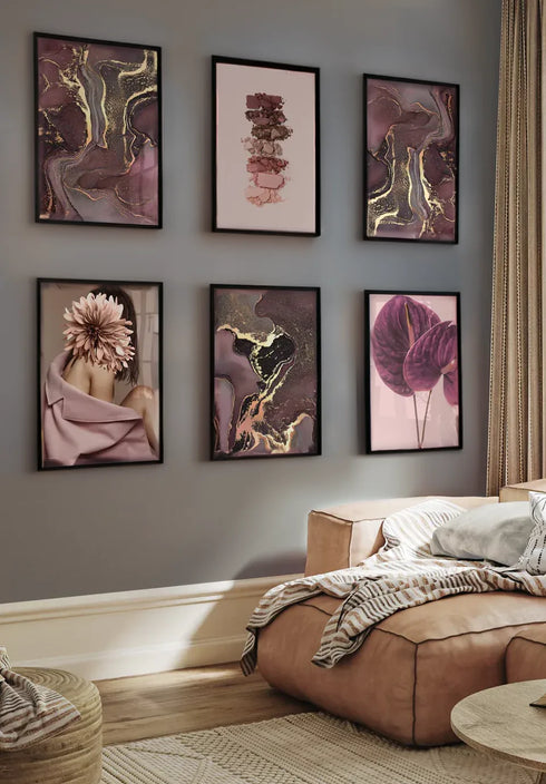 Set Of 6 Posters Ruby Mineral Real Rose Gold + 6 Metallic Black Frames 50x70cm