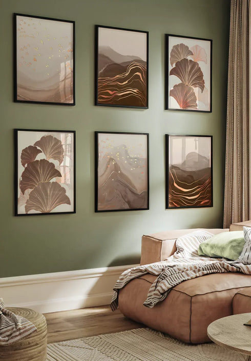 Set Of 6 Posters Caramel Birds Real Rose Gold + 6 Black Metallic Frames 50x70cm