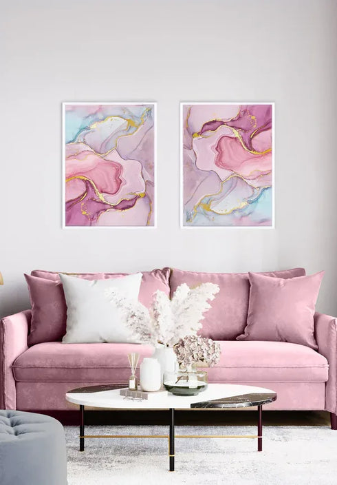 Set Of 2 Posters Watercolor Pink Pastel Real Gold + 2 White Metallic Frames 50x70cm