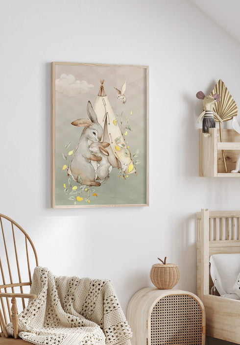 Poster Forest Bunnies Real Gold + Natural Oak Frame 50x70cm