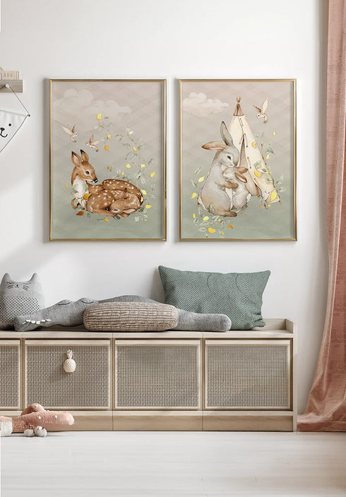 Set Of 2 Posters Forest Deer Real Gold + 2 Gold Metallic Frames 50x70cm