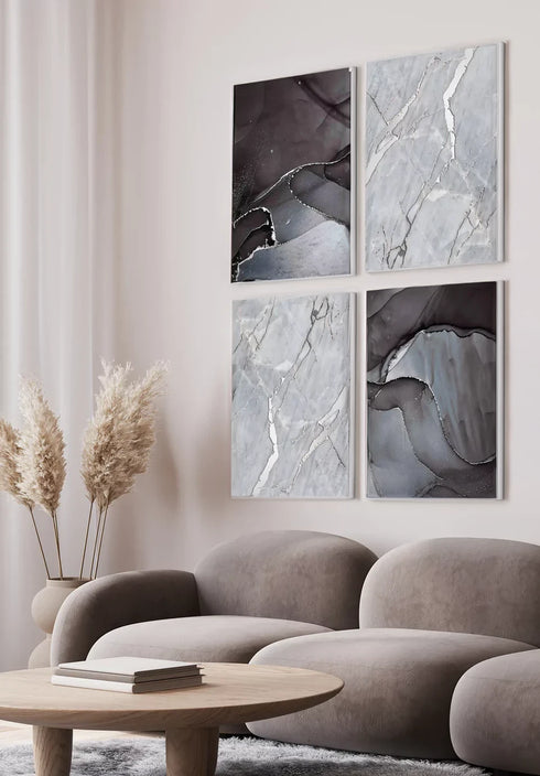 Set Of 4 Posters Brush Stroke Real Silver + 4 Metallic Silver Frames 50x70cm