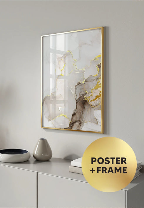 Poster Beige Brown Paint Left Real Gold + Gold Metallic Frame 50x70cm