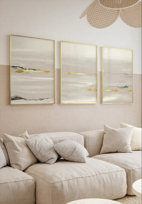 Set Of 3 Posters Beige Landscape Real Gold + 3 Gold Metallic Frames 50x70cm