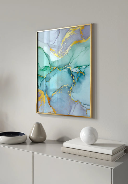Poster Watercolor Blue Real Gold + Gold Metallic Frame 50x70cm