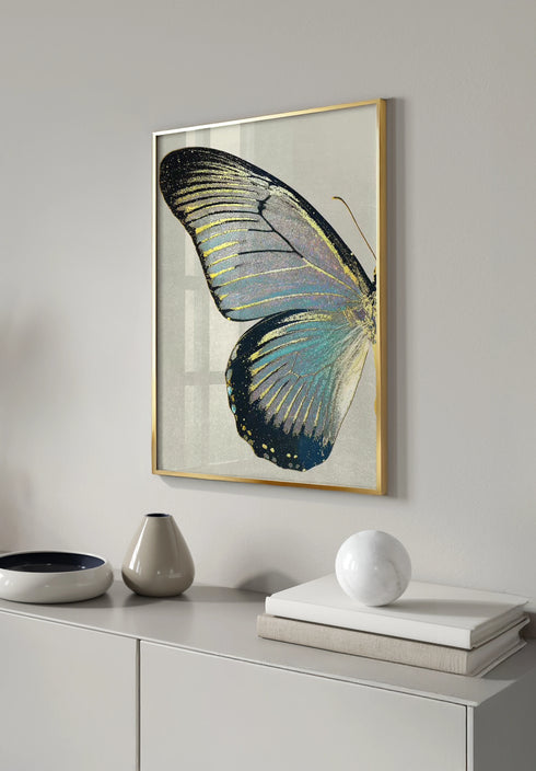 Poster Turquoise Butterfly Left Real Gold + Gold Metallic Frame 50x70cm