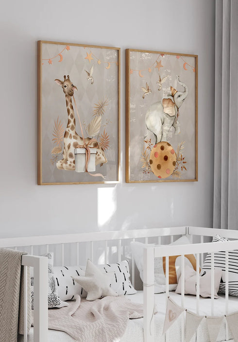 Set Of 2 Posters Boho Giraffe Real Rose Gold + 2 Natural Oak Frames 50x70cm