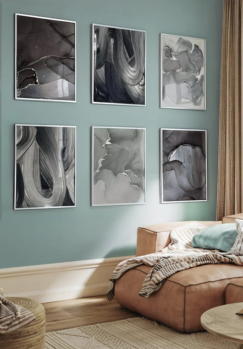 Set Of 6 Posters Brush Stroke Real Silver + 6 Silver Metallic Frames 50x70cm