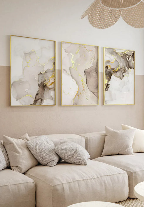 Set Of 3 Posters Beige Brown Paint Real Gold + 3 Gold Metallic Frames 50x70cm