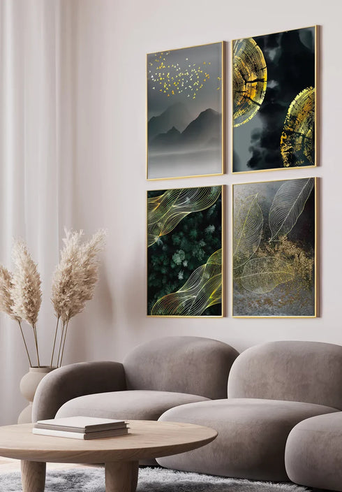 Set Of 4 Posters Golden Woods Real Gold + 4 Gold Metallic Frames 50x70cm