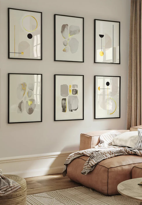 Set Of 6 Posters Creme Geometric Art Real Gold + 6 Black Metallic Frames 50x70cm