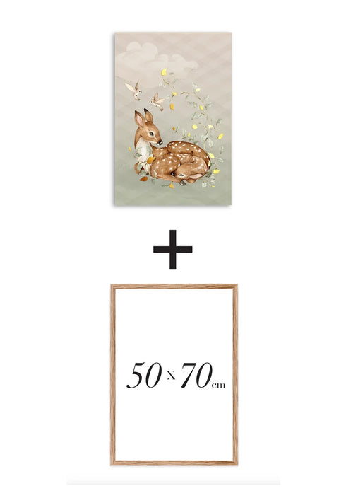 Poster Forest Deer Real Gold + Natural Oak Frame 50x70cm