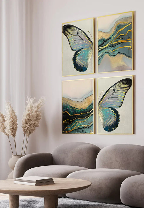 Set Of 4 Posters Turquoise Paint Stroke Real Gold + 4 Gold Metallic Frames 50x70cm